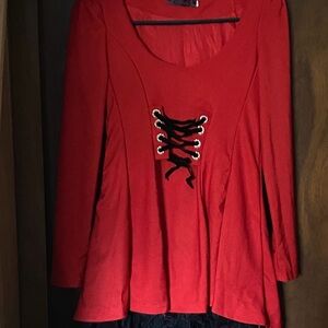 Yulia Red Long Sleeve Top with Black Lace-Up Detail